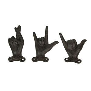 Zeckos - Set of 3 Brown Cast Iron Hand Gesture Wall Hooks - Black - Size 2 Inch